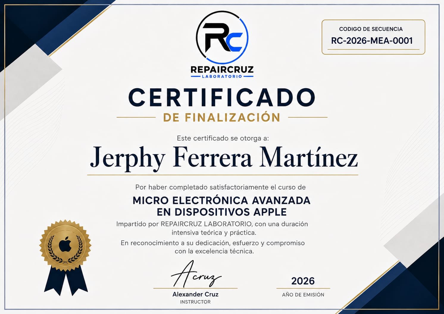 Certificado oficial REPAIRCRUZ LABORATORIO
